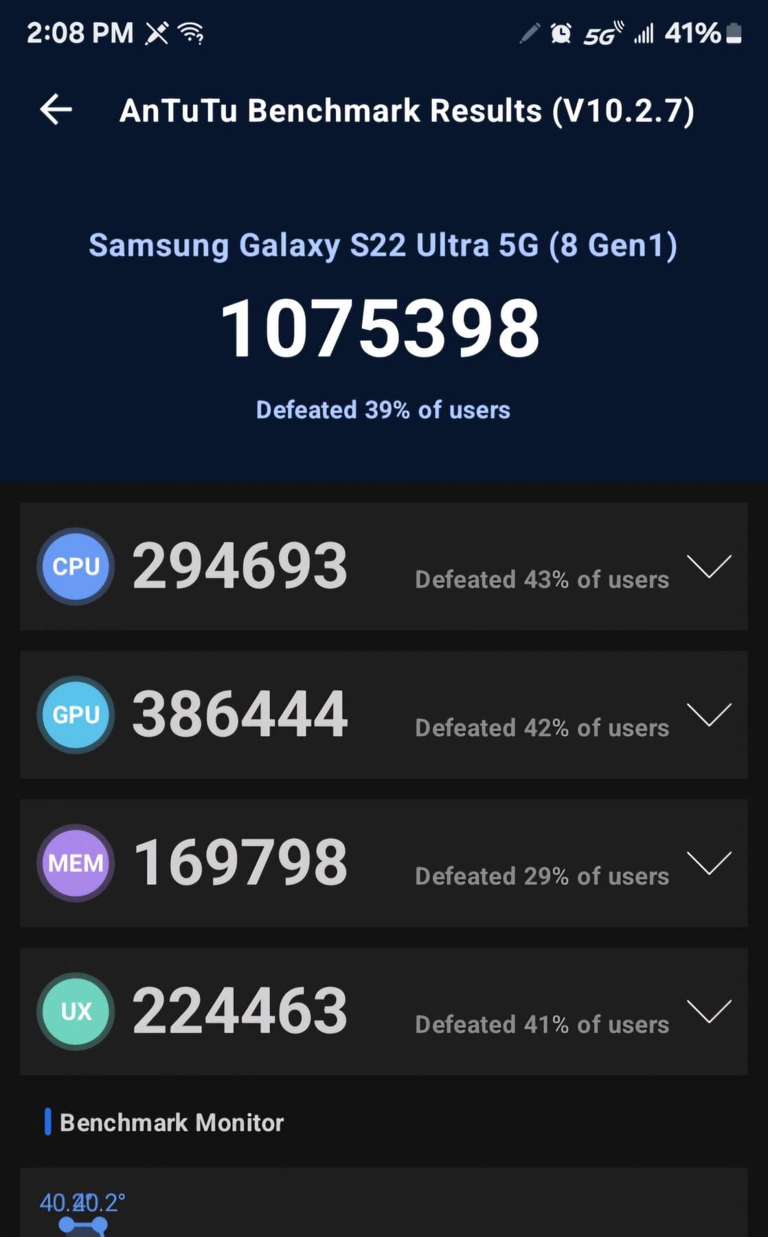 AnTuTu 10 Scores of Samsung Galaxy S22 Ultra (Snapdragon) NR Benchmark