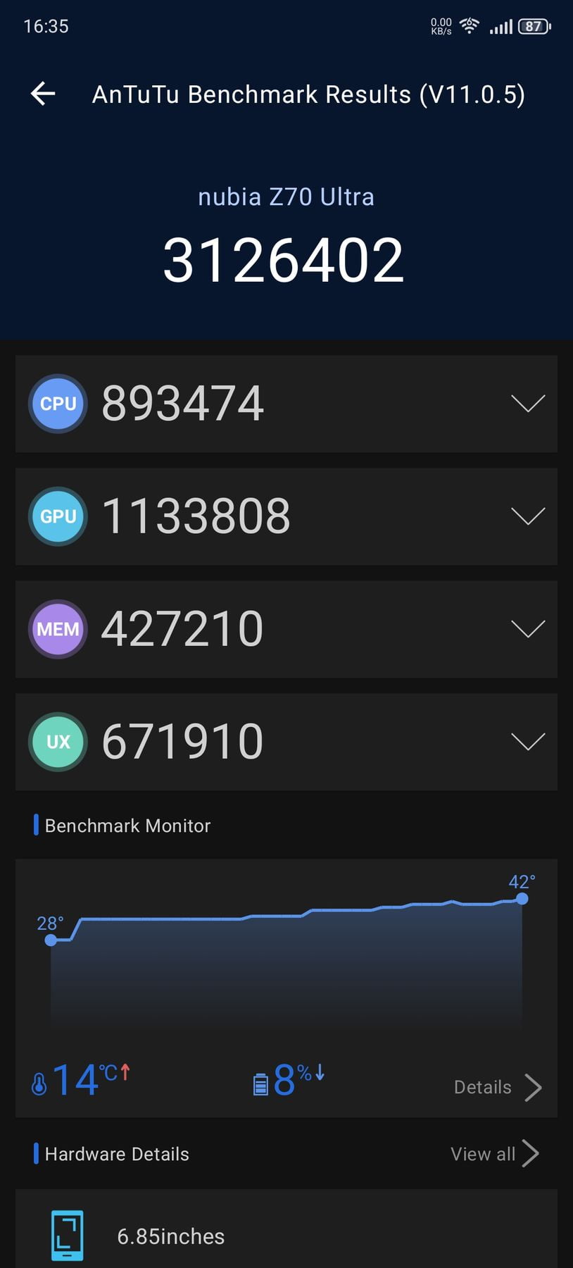 ZTE Nubia Z70 Ultra AnTuTu – 3,126,402
