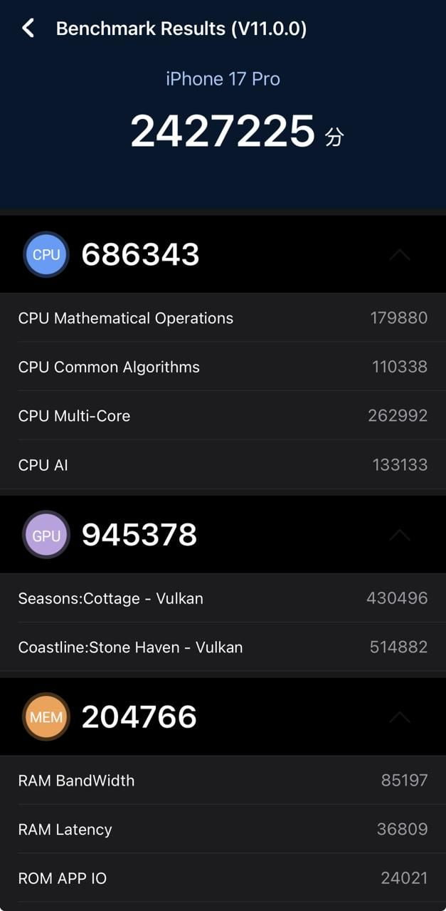 Apple iPhone 17 Pro AnTuTu – 2,427,225