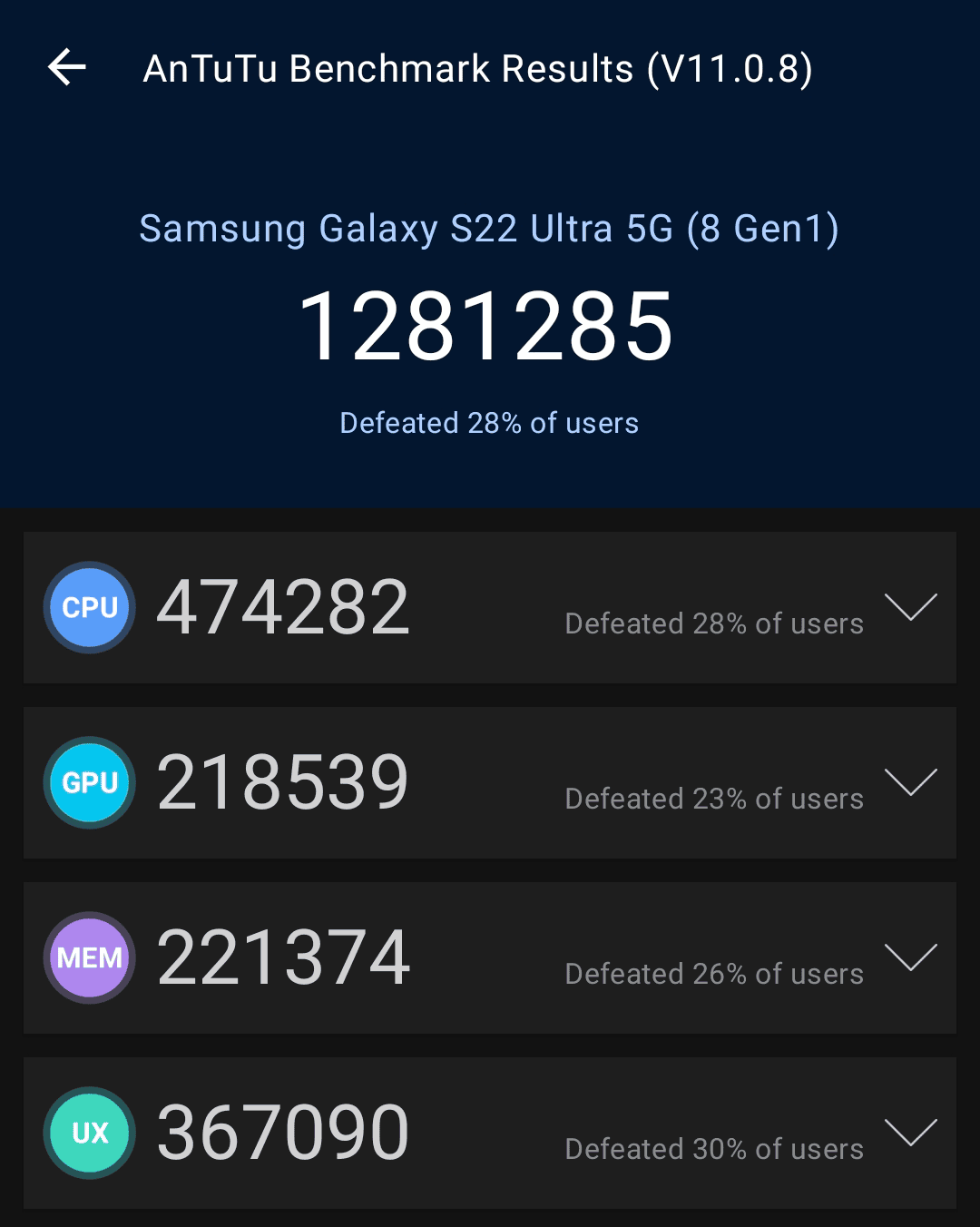 Samsung Galaxy S22 Ultra (Snapdragon) AnTuTu – 1,281,285